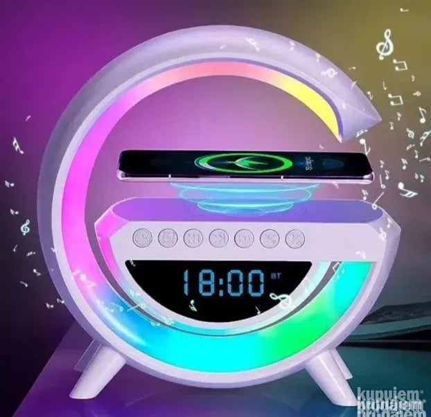 4-u-1 uređaj: Lampa, zvučnik, sat i bežični punjač. Savršen za funkcionalnost i stil u vašem domu.