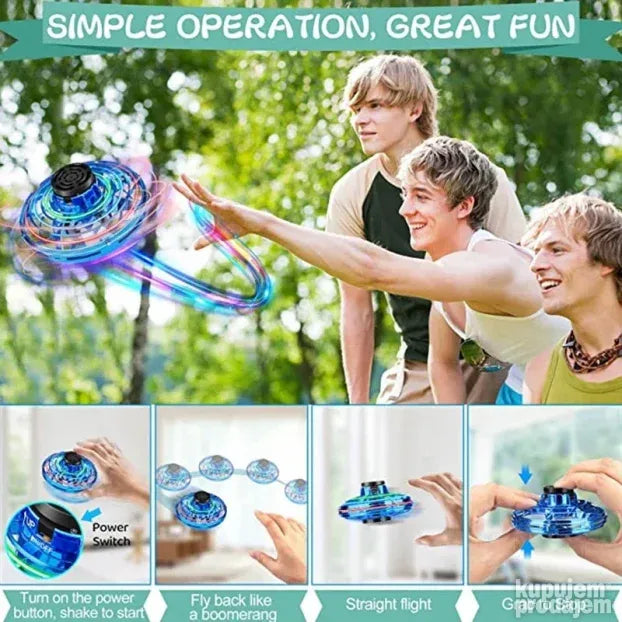 Leteći spinner sa punjivom baterijom i LED svetlom, 360° rotacija. Siguran i zabavan za trikove, bez brige o povredama.