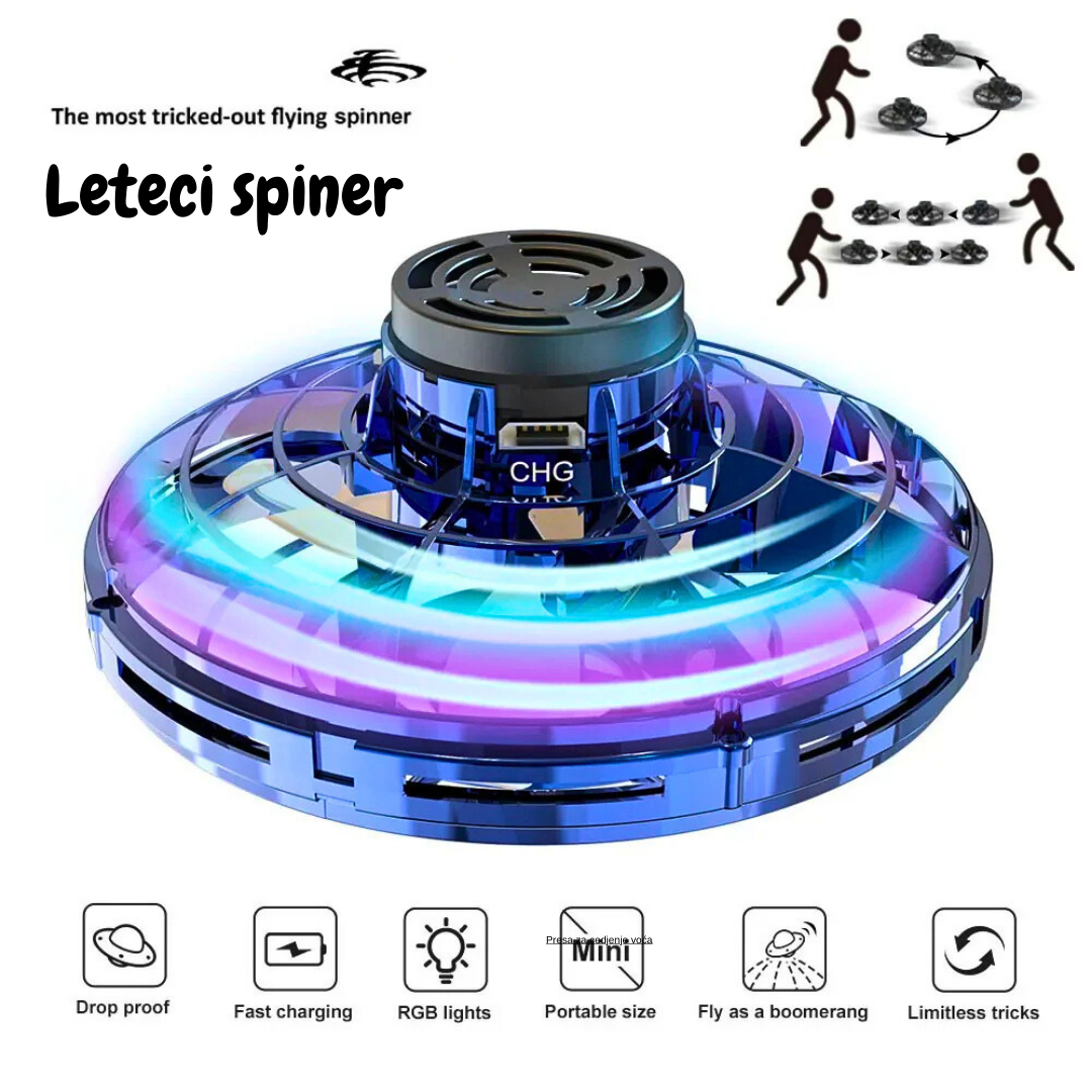 Leteći spinner sa punjivom baterijom, 360° rotacija i LED svetlom. Siguran dizajn za zabavu i trikove bez brige o povredama.