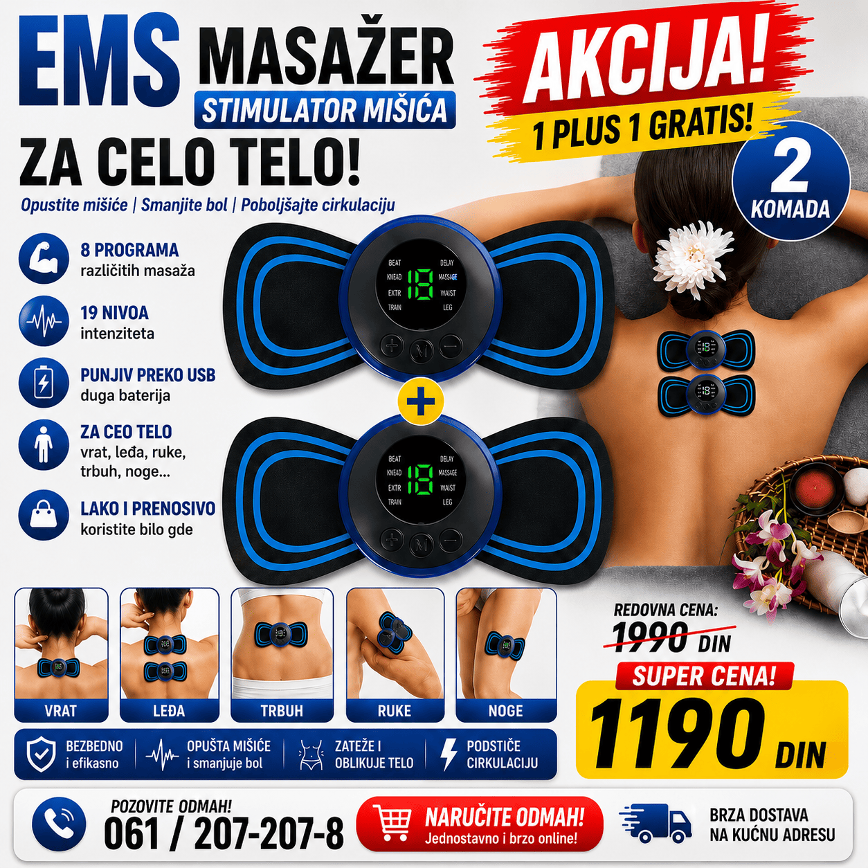 Električni EMS masažer sa samolepljivim masažnim jastučićem, namenjen za masažu vrata, ramena, leđa i drugih delova tela.