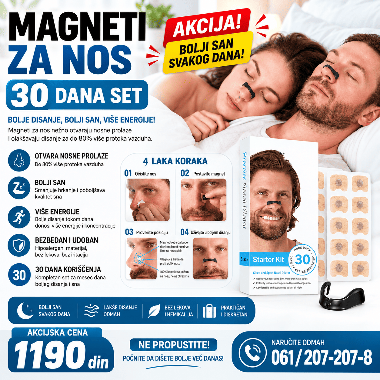 Magneti za nos protiv hrkanja u setu od 30 komada, praktični nazalni flasteri sa magnetnim elementima namenjeni za korišćenje tokom spavanja.