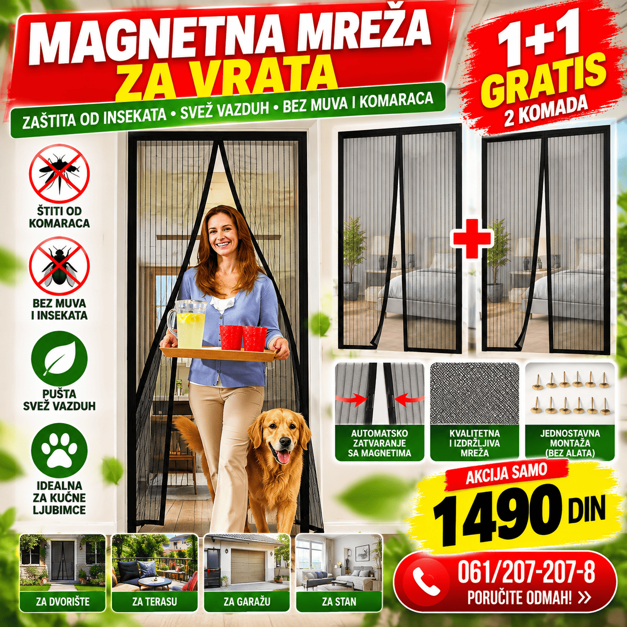 Magnetna mreža za vrata protiv komaraca, muva i drugih insekata sa praktičnim automatskim zatvaranjem pomoću magneta.