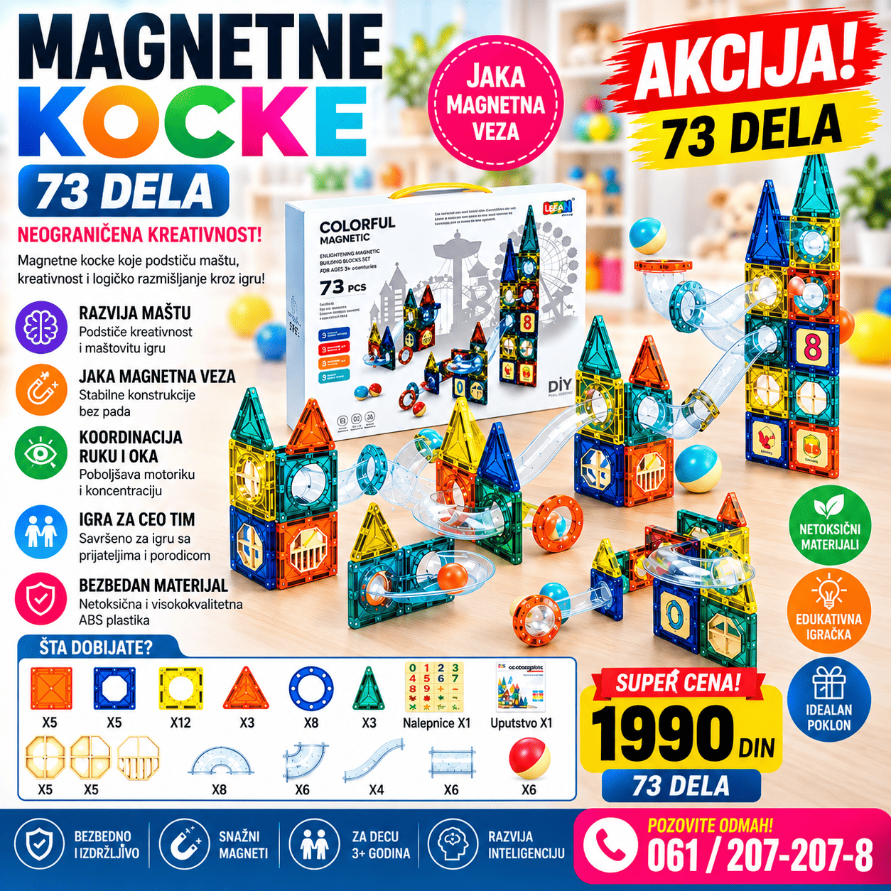 Dečiji magnetni konstruktor sa 73 dela, edukativni set za sklapanje različitih 3D oblika, građevina i kreativnih modela kroz igru.