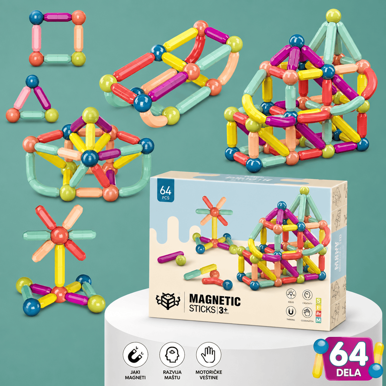 Set magnetnih štapića i kuglica 64 komada za kreativnu dečiju igru, namenjen za sastavljanje kućica, zvezda, geometrijskih figura i drugih maštovitih modela.