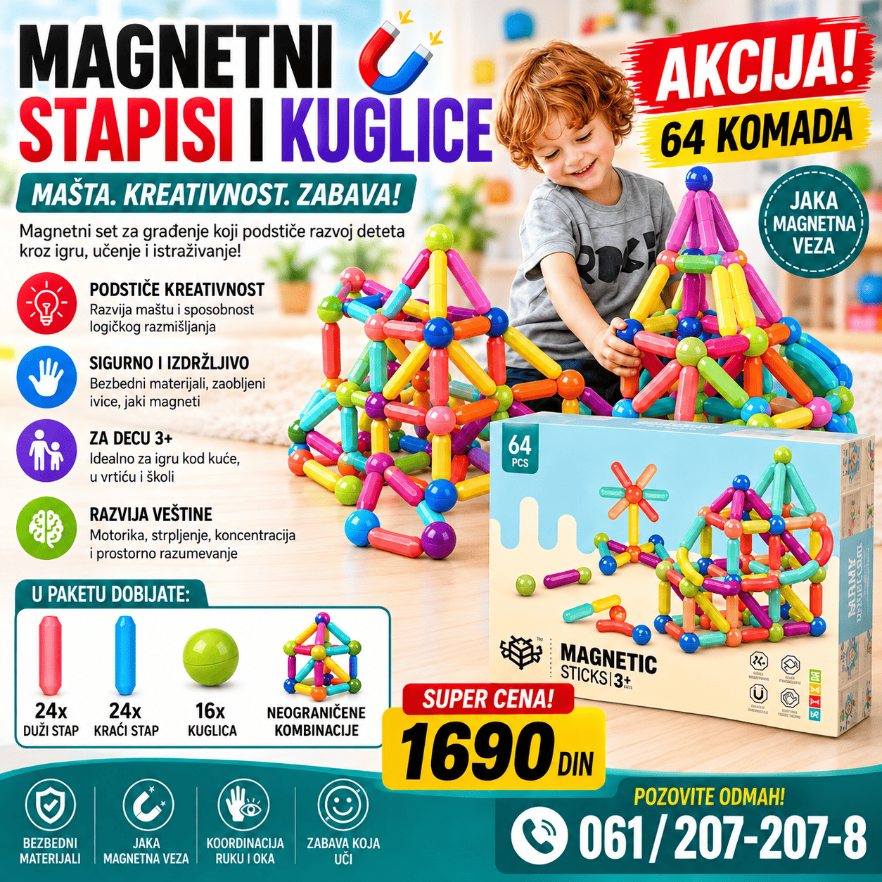 Magnetni štapići i kuglice za decu set od 64 komada, kreativna igračka za pravljenje različitih geometrijskih oblika, kućica i 3D konstrukcija.