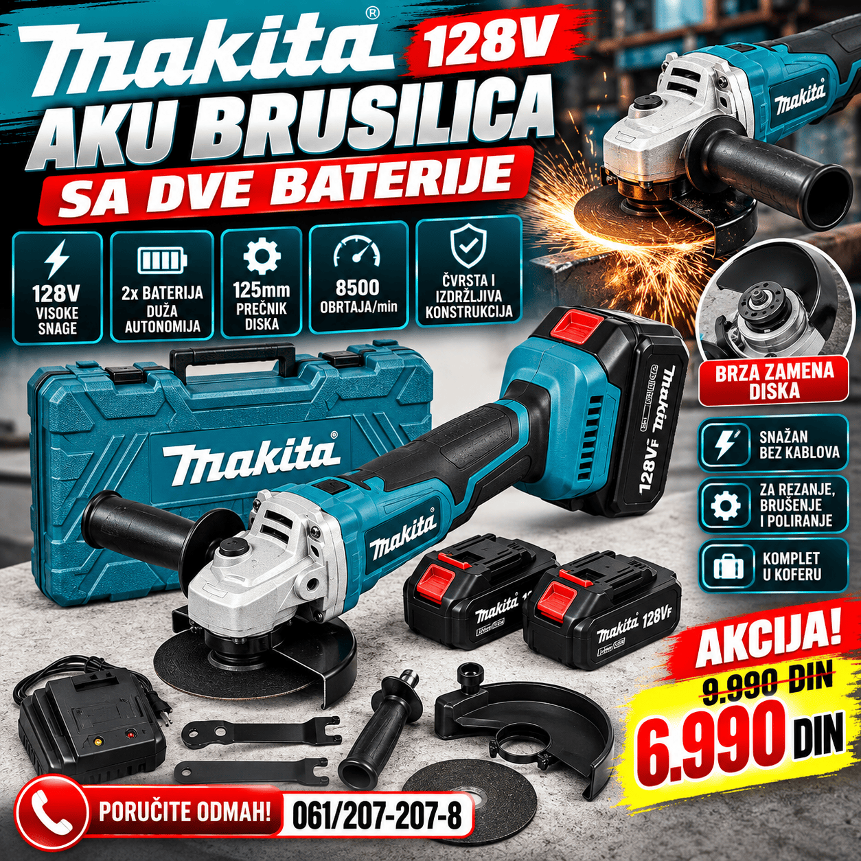 Makita aku brusilica 128V sa dve baterije, koferom i dodatnom opremom, idealna za sečenje, brušenje i poliranje različitih materijala.