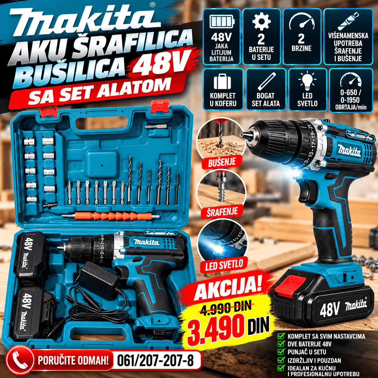 Makita aku šrafilica i bušilica 48V sa dve punjive baterije, punjačem i kompletnim setom alata u praktičnom koferu za kućnu i profesionalnu upotrebu.