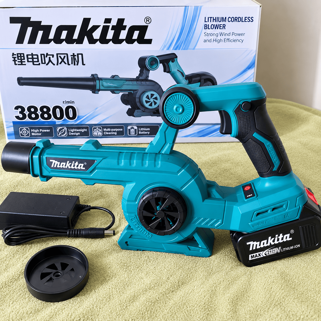 Bežični Makita duvač za lišće 33.800 obrtaja sa dve 128 V baterije, idealan za čišćenje dvorišta, bašte, garaže i radionice.