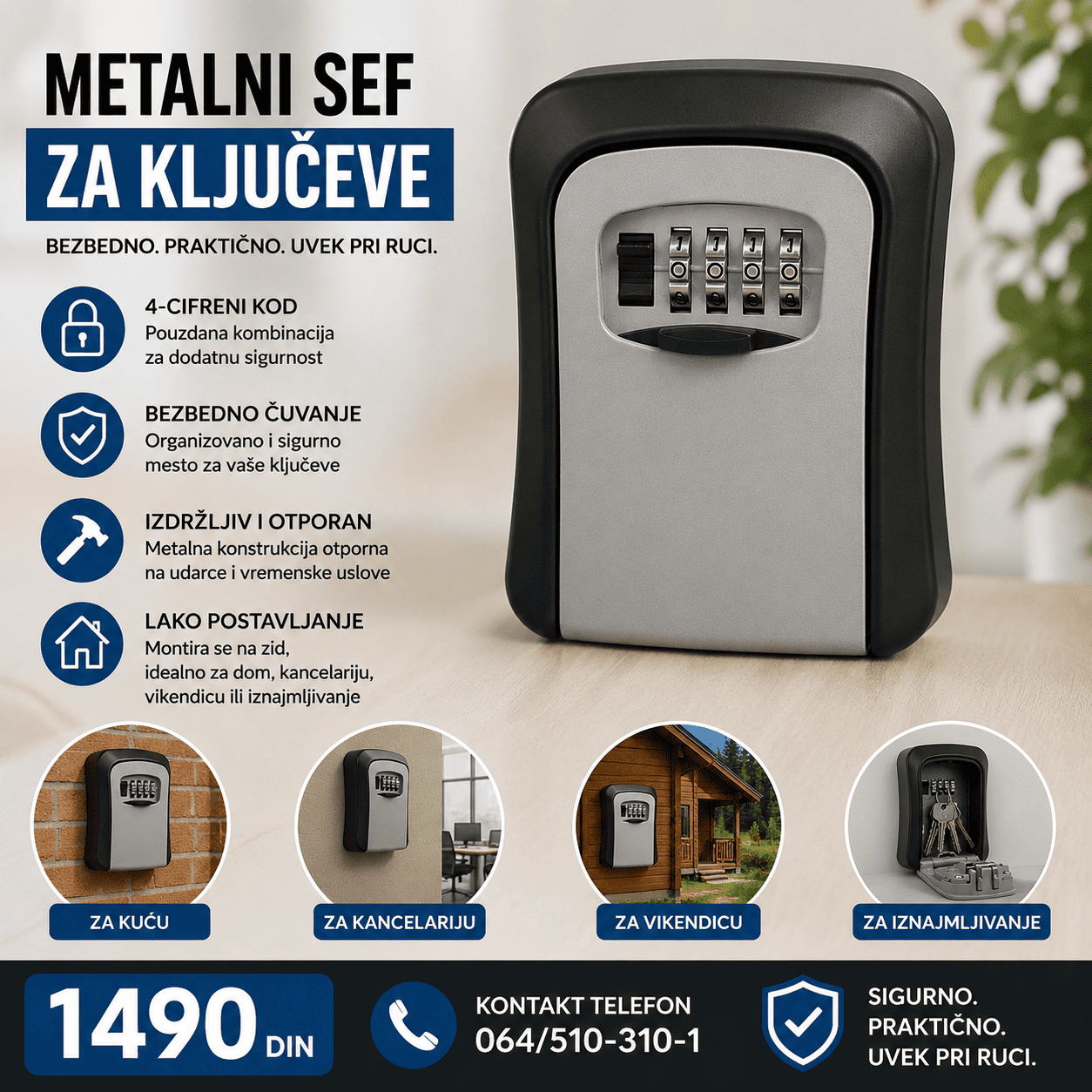 Metalni sef za ključeve sa sigurnosnom četvorocifrenom šifrom namenjen je za bezbedno čuvanje rezervnih ključeva od kuće, stana, kancelarije ili garaže. Izrađen je od čvrstog metala otpornog na vremenske uslove i jednostavno se montira na zid.