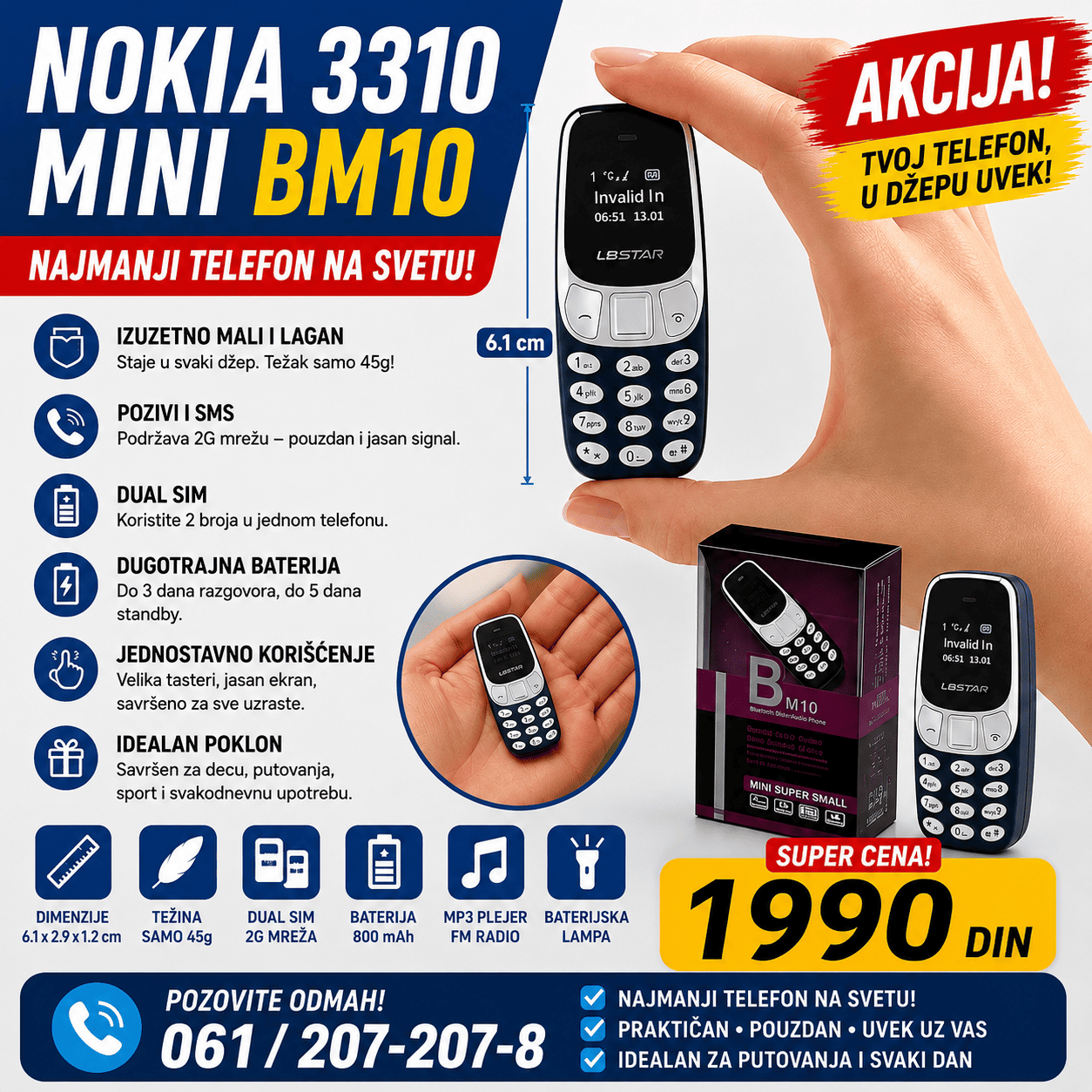 Mini Nokia 3310 BM10 mobilni telefon kompaktnog dizajna sa fizičkom tastaturom i malim ekranom, praktičan za pozive i svakodnevnu upotrebu.