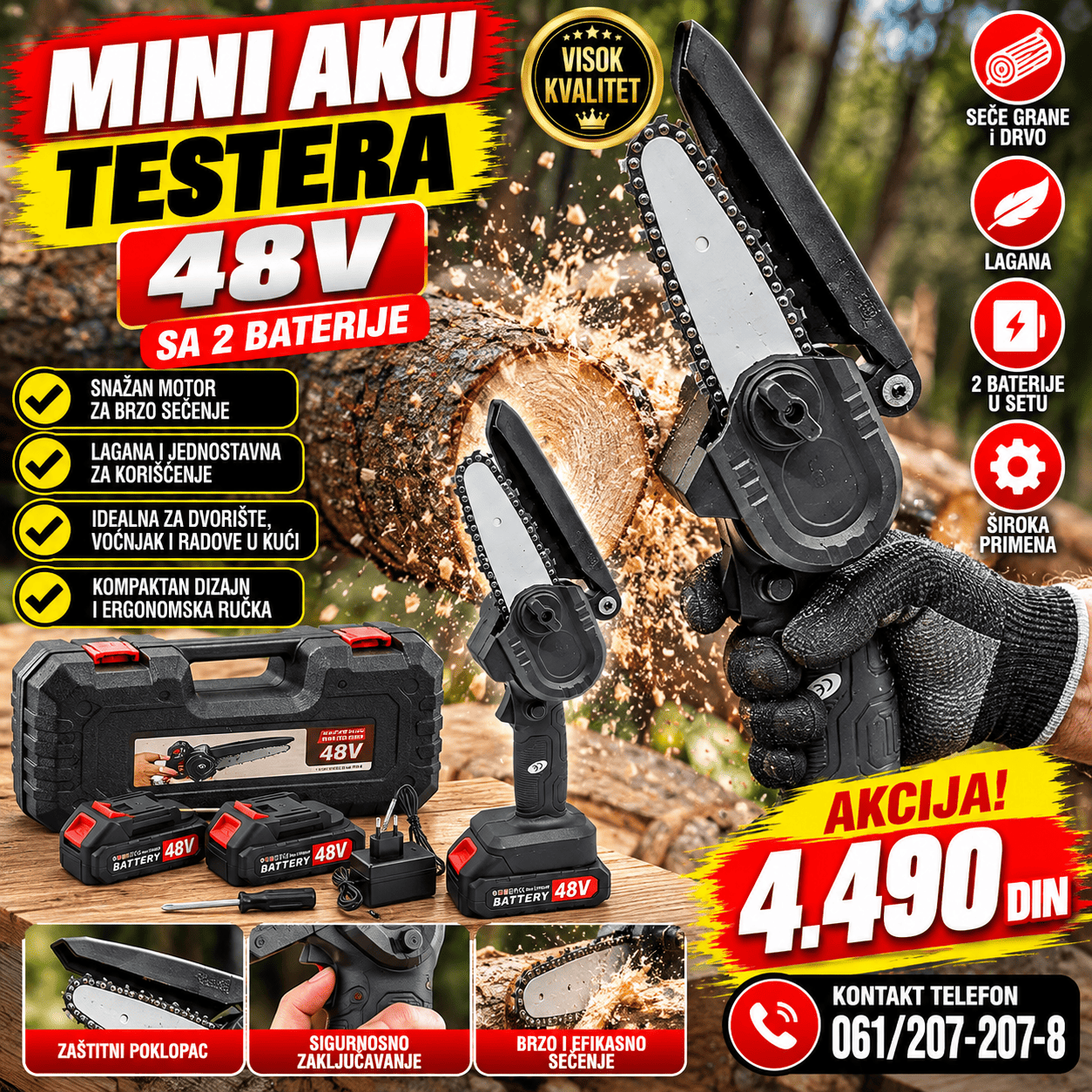 Mini aku testera 48V sa 2 baterije, praktična bežična lančana testera za sečenje grana, orezivanje voćaka i održavanje dvorišta i bašte.