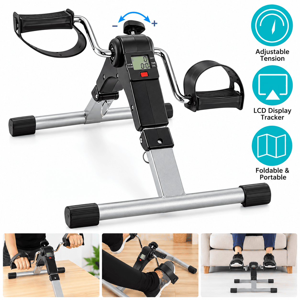 Mini sobni bicikl sa pedalama za vežbanje, praktična fitnes sprava za jačanje mišića ruku i nogu, poboljšanje kondicije i laganu fizičku aktivnost.