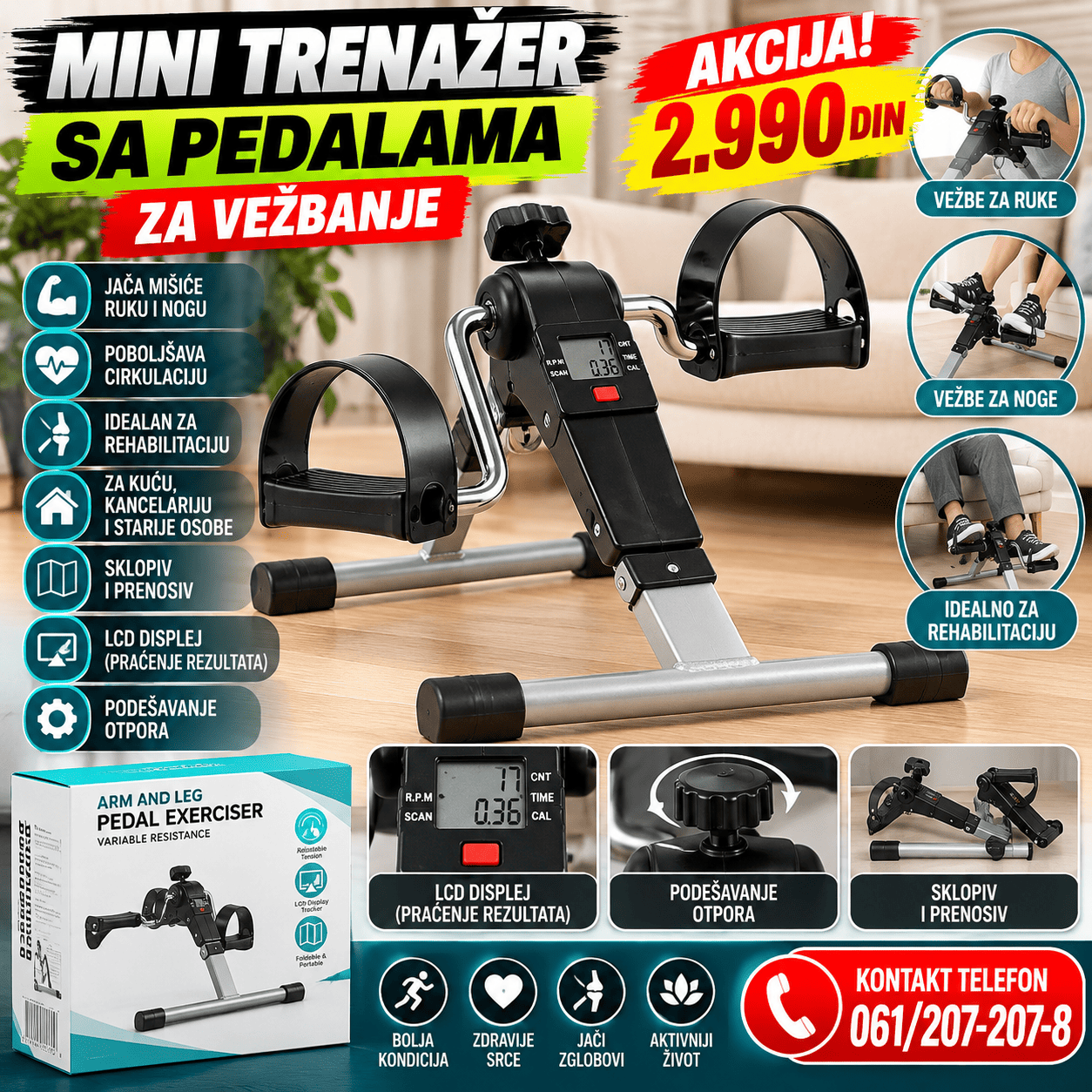 Mini trenažer sa pedalama za vežbanje ruku i nogu, kompaktna sprava sa LCD displejem i podesivim otporom za svakodnevni trening kod kuće.