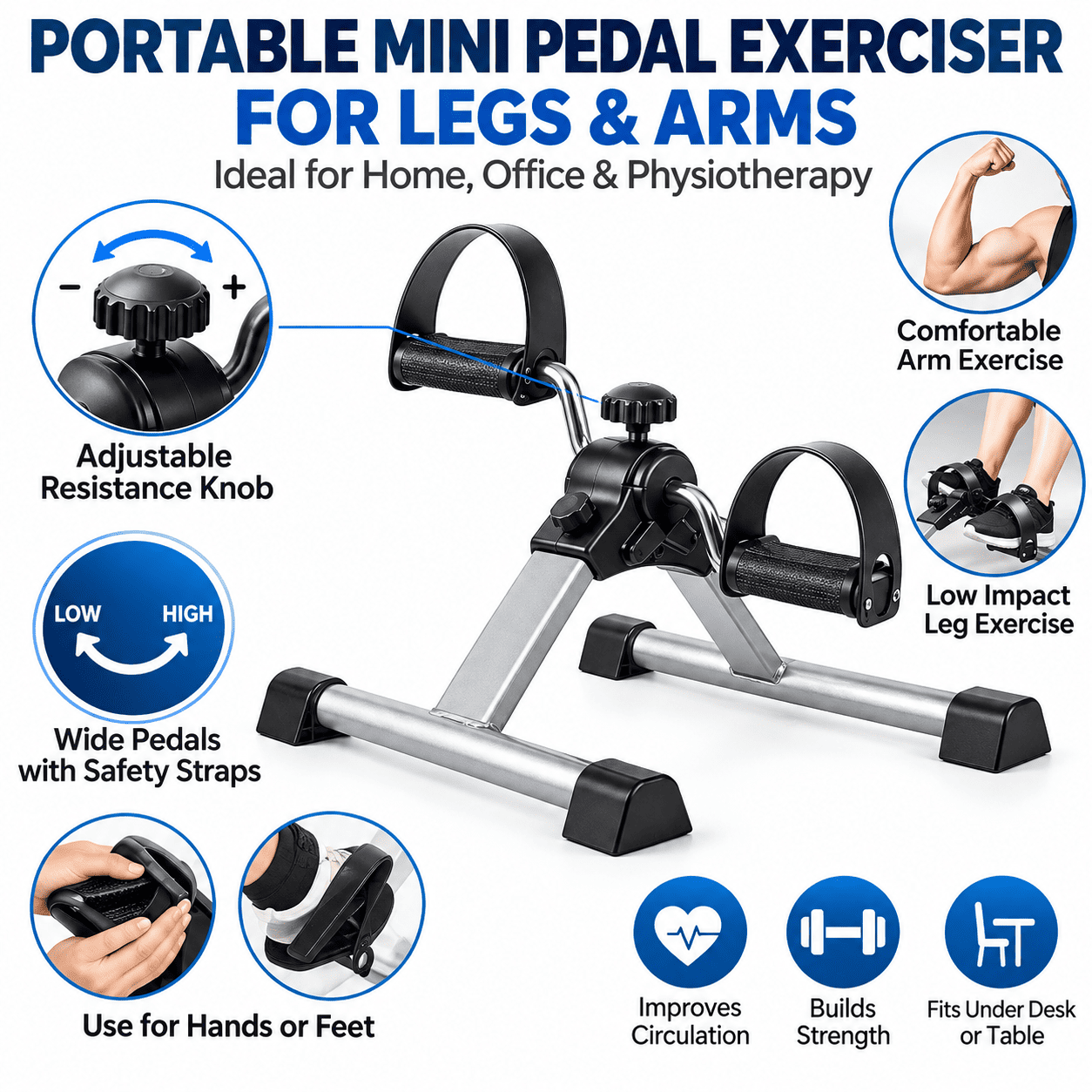 Mini trenažer sa pedalama za vežbanje i rehabilitaciju, prenosiva sprava sa podesivim otporom, digitalnim ekranom i kompaktnim dizajnom za kućnu upotrebu.