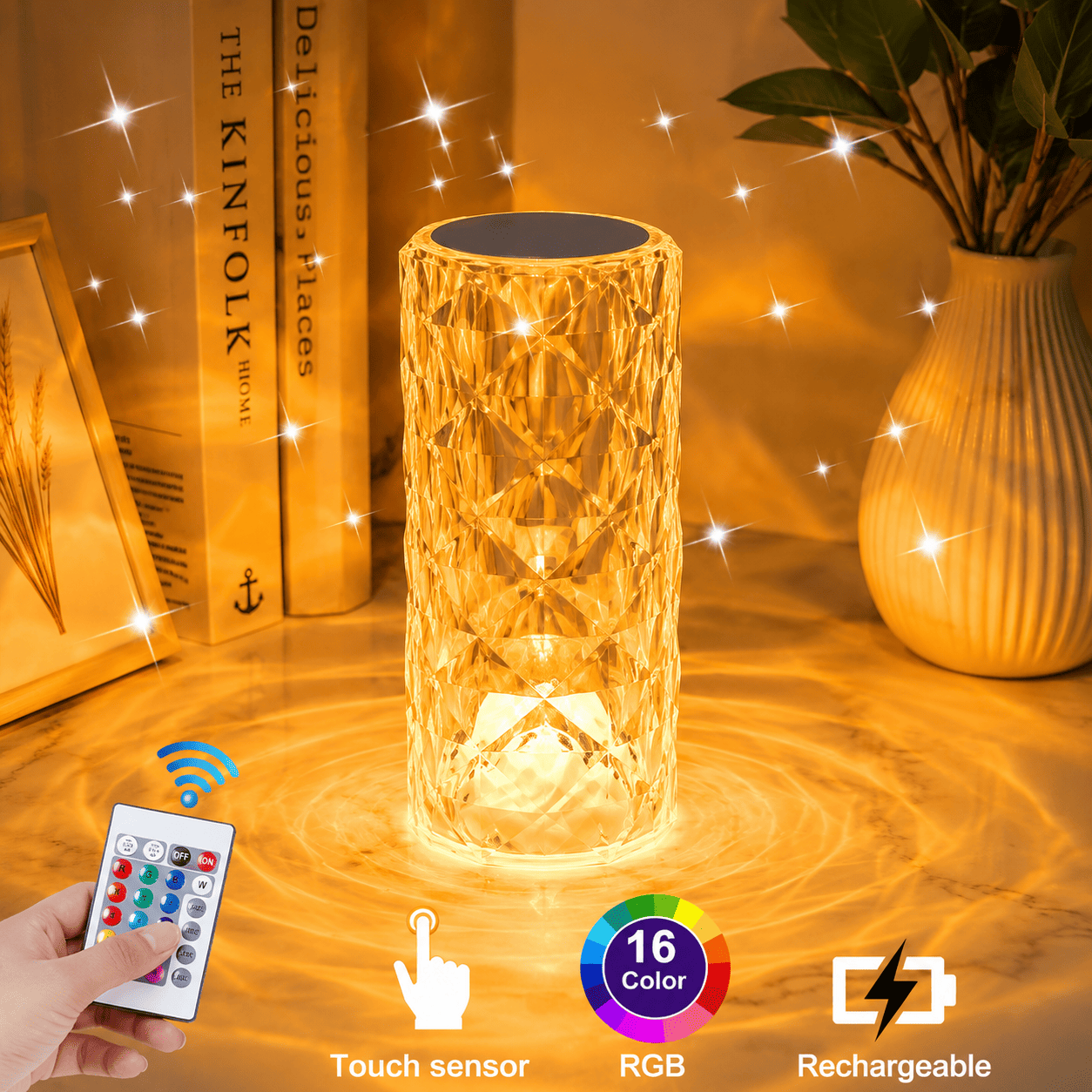 Kristalna noćna LED lampa sa RGB osvetljenjem i senzorom na dodir, elegantnog dizajna koji stvara atraktivne svetlosne efekte u prostoriji.