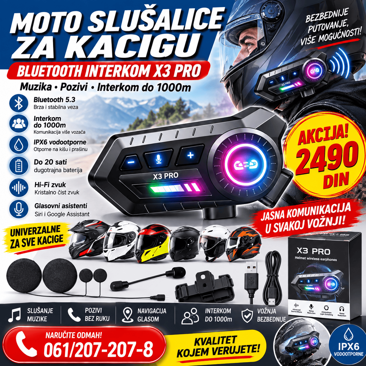 Moto slušalice za kacigu X3 Pro sa Bluetooth 5.3 vezom, mikrofonom i interkom komunikacijom za udobniju vožnju motocikla.