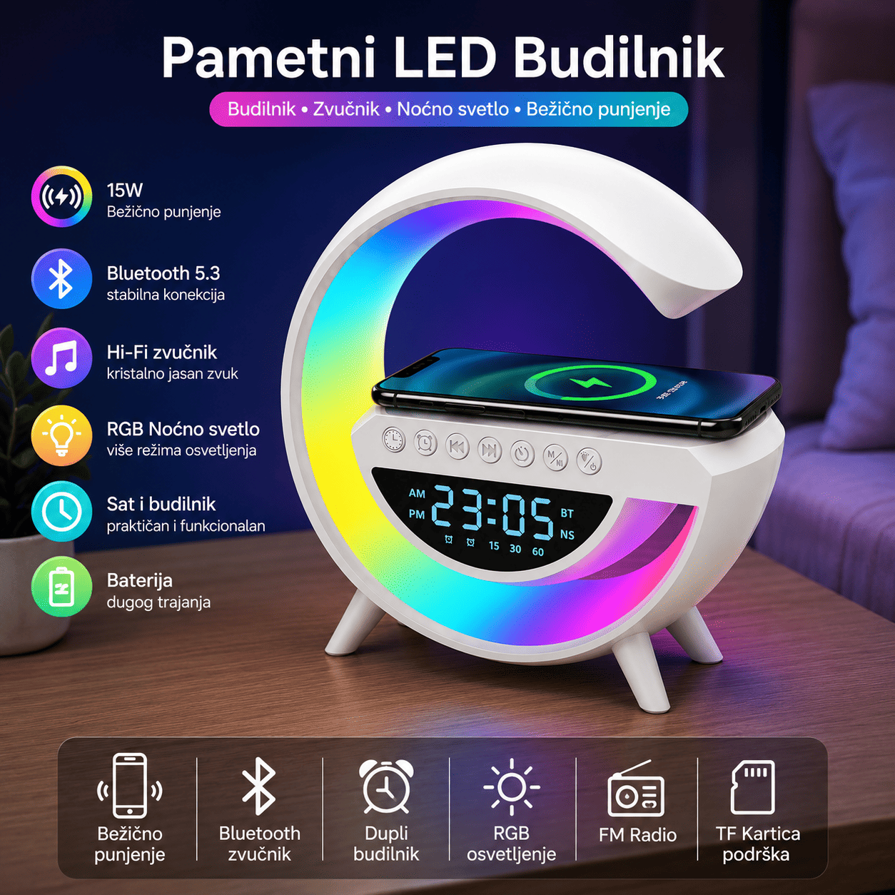 Moderna 4 u 1 RGB LED lampa sa digitalnim satom, bežičnim punjačem i Bluetooth zvučnikom na radnom stolu, idealna za spavaću sobu, kancelariju ili dnevni boravak uz elegantan dizajn i višebojno osvetljenje.