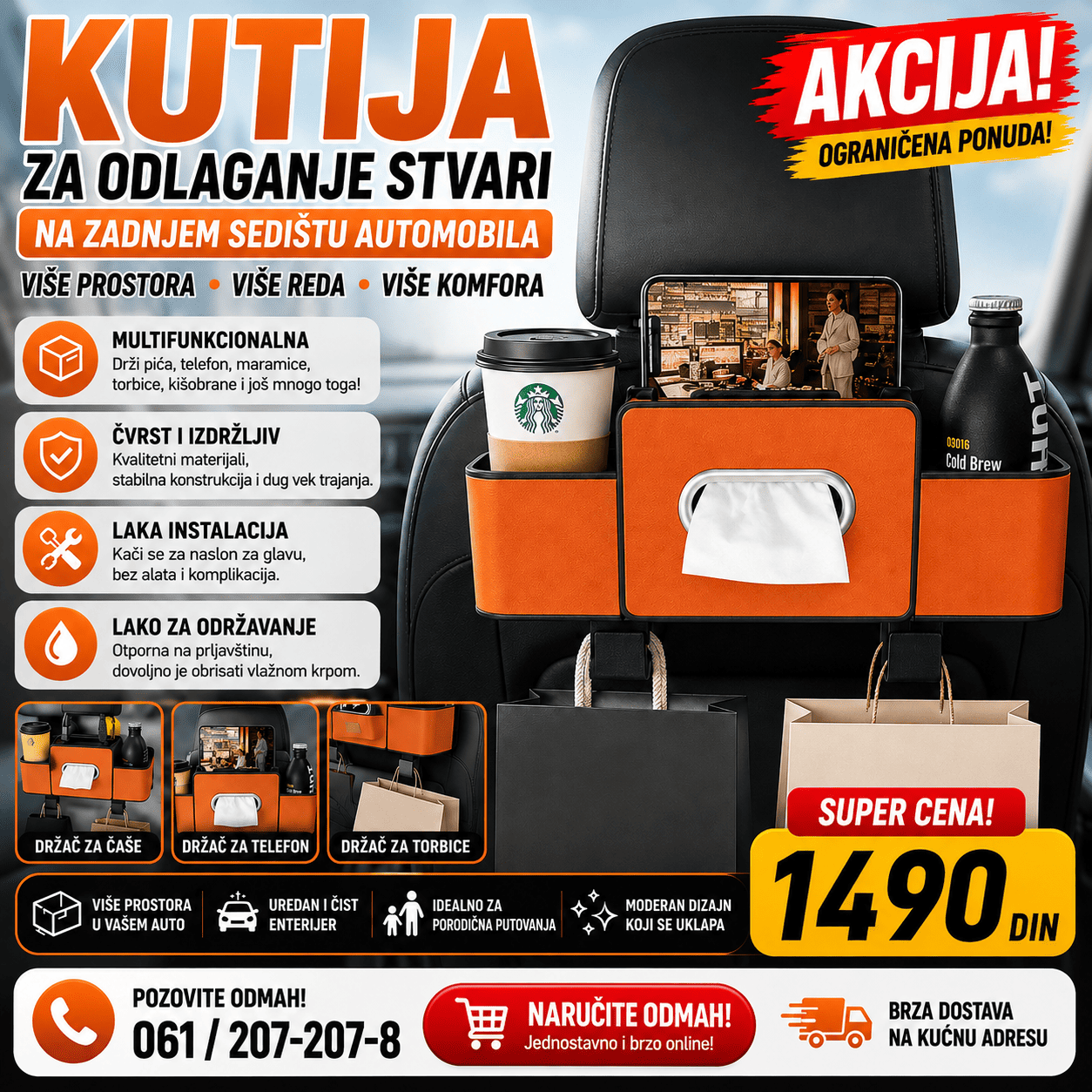 Multifunkcionalni organizator za auto sedište sa držačem za telefon, prostorom za flaše, čaše, maramice i druge sitnice potrebne tokom vožnje.