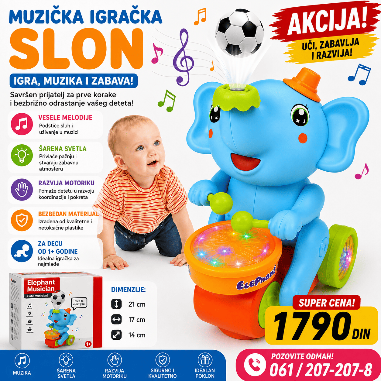 Muzička igračka slon za decu sa šarenim dizajnom, svetlosnim efektima, muzikom i lopticom, namenjena za zabavnu i interaktivnu igru.