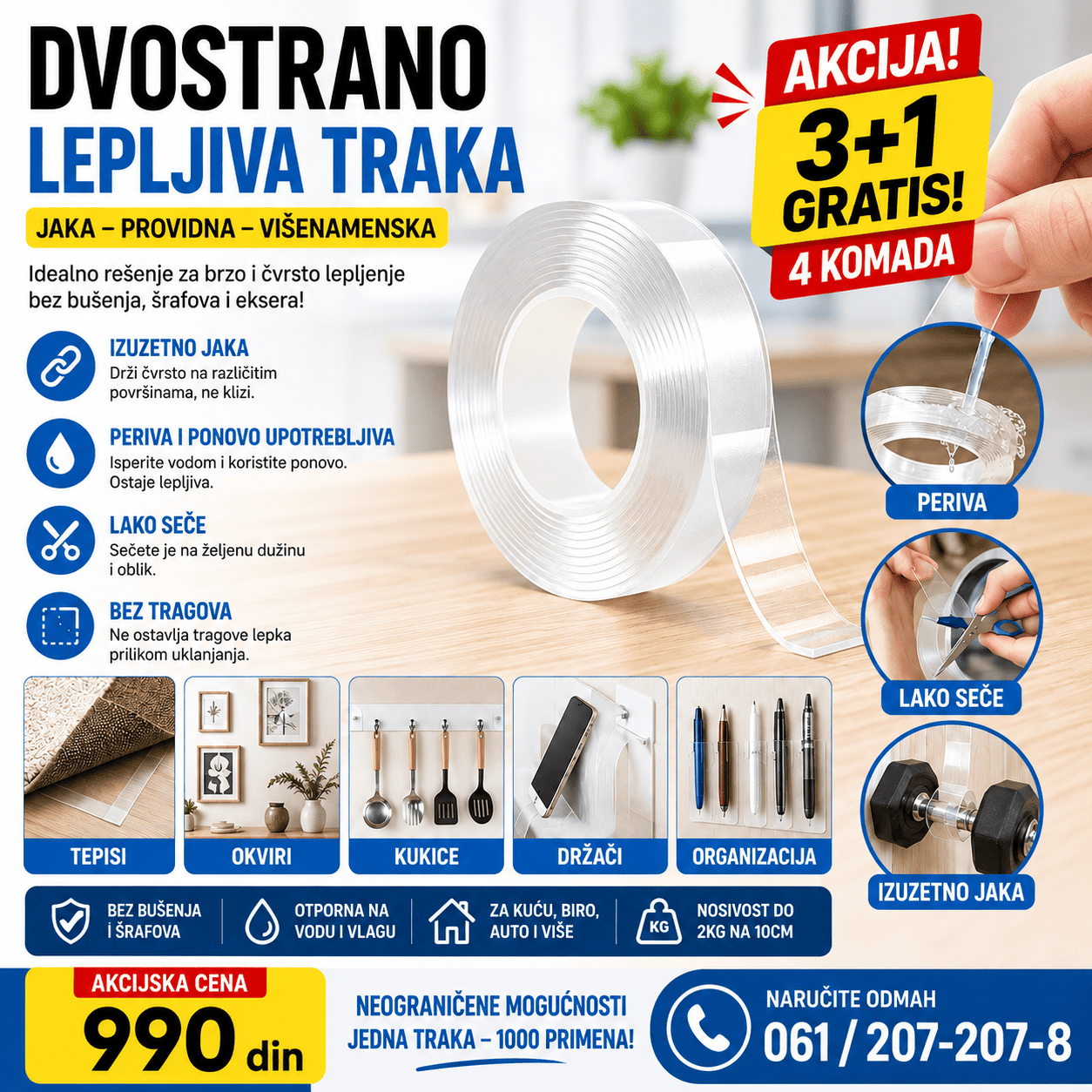 Nano dvostrano lepljiva traka za pričvršćivanje različitih predmeta na zidove, pločice, staklo i druge glatke površine bez bušenja.