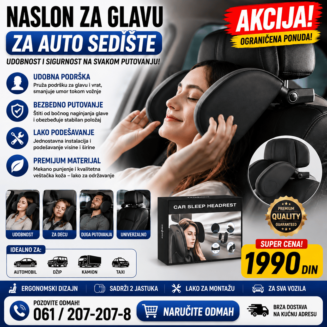 Naslon za glavu za auto sedište sa bočnim jastučićima, praktičan za udobnije odmaranje i spavanje putnika tokom dužih vožnji.