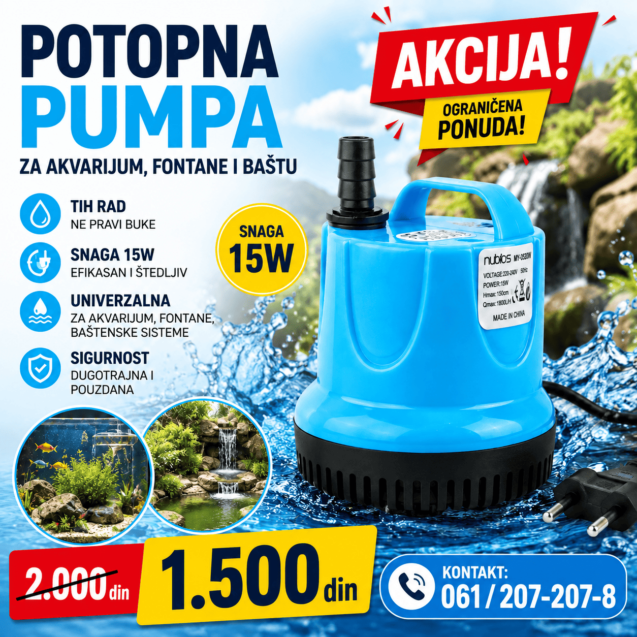 Nubios DS 15W pumpa za fontane i akvarijume sa snažnim protokom vode.