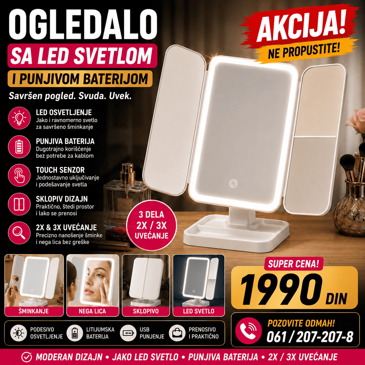 Ogledalo sa LED svetlom i punjivom baterijom, praktično kozmetičko ogledalo za šminkanje, negu lica i svakodnevno uređivanje.