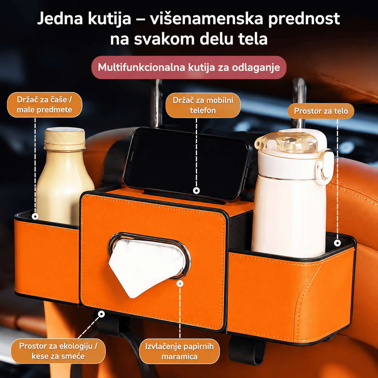 Organizator za automobil koji se postavlja na naslon sedišta, sa više praktičnih pregrada za telefon, piće, maramice i lične stvari.
