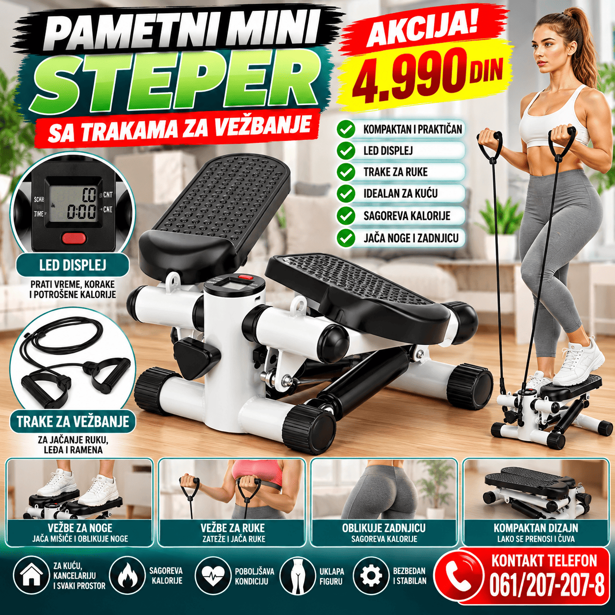 Pametni mini steper sa trakama za vežbanje i LED displejem, kompaktna fitnes sprava za jačanje mišića nogu, zadnjice i ruku kod kuće.