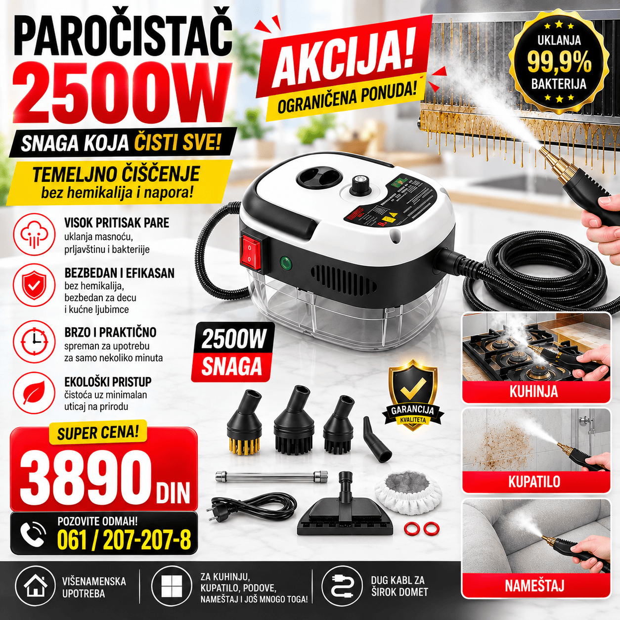 Paročistač snage 2500W sa crevom i nastavcima, praktičan za čišćenje klime, kuhinje, kupatila, pločica i različitih površina u domaćinstvu