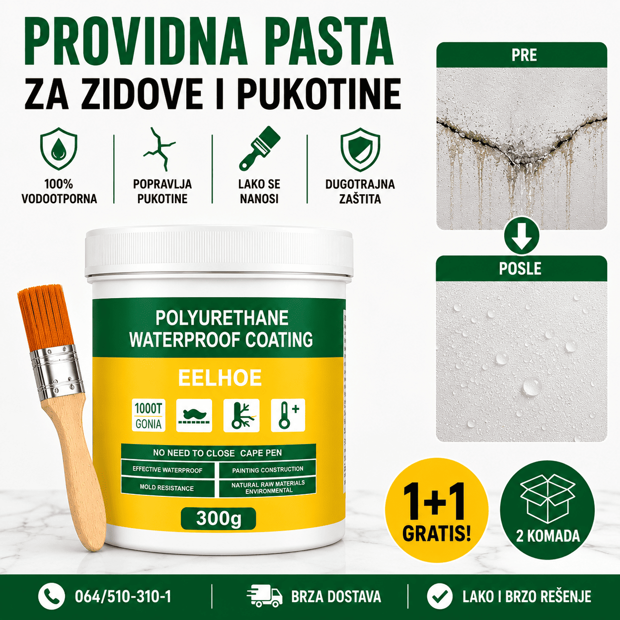 Pasta za hidroizolaciju i popravku sa četkom za nanošenje, praktično rešenje za zaštitu problematičnih mesta od prodora vode i vlage.