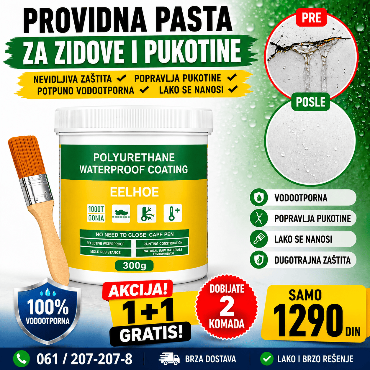 Pasta za izolaciju i popravku sa vodootpornim premazom, praktična za nanošenje četkom na pukotine, spojeve i različite površine koje zahtevaju dodatnu zaštitu od vode.