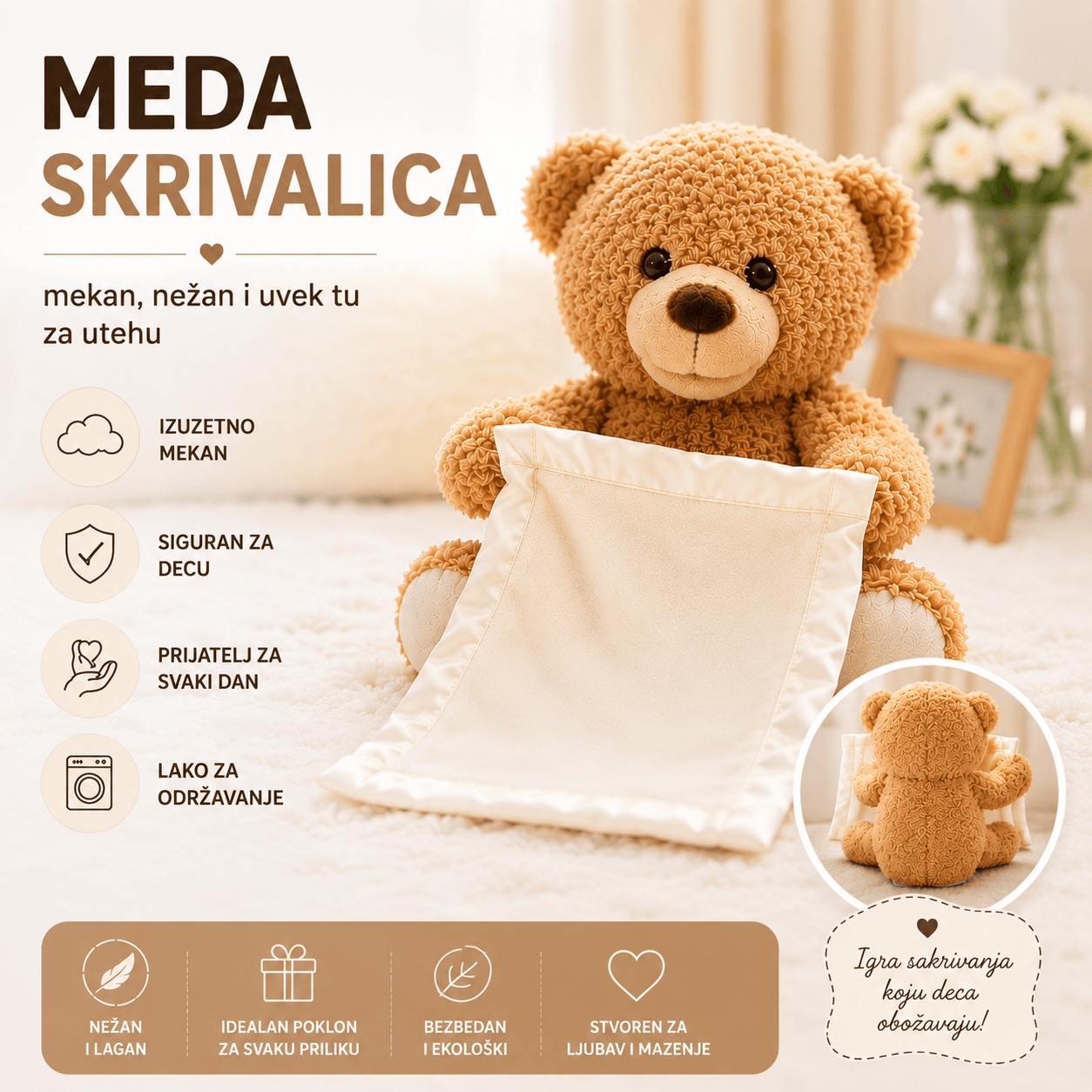 Peekaboo meda – zabavna i edukativna igračka koja oduševljava decu pričom i igrom skrivalica.