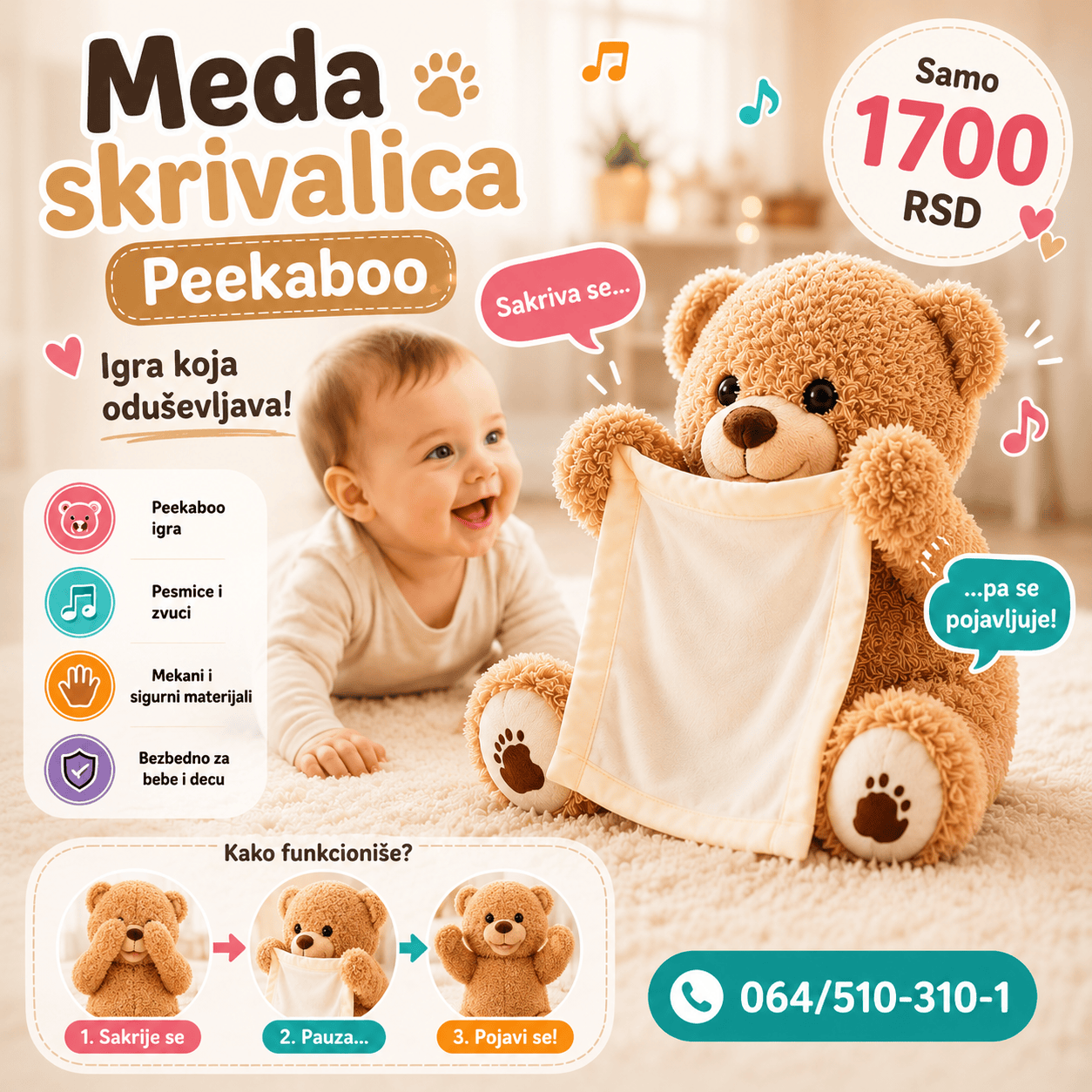 Peekaboo meda – igračka koja priča i igra skrivalice. Razvija motoriku i zabavlja decu satima.