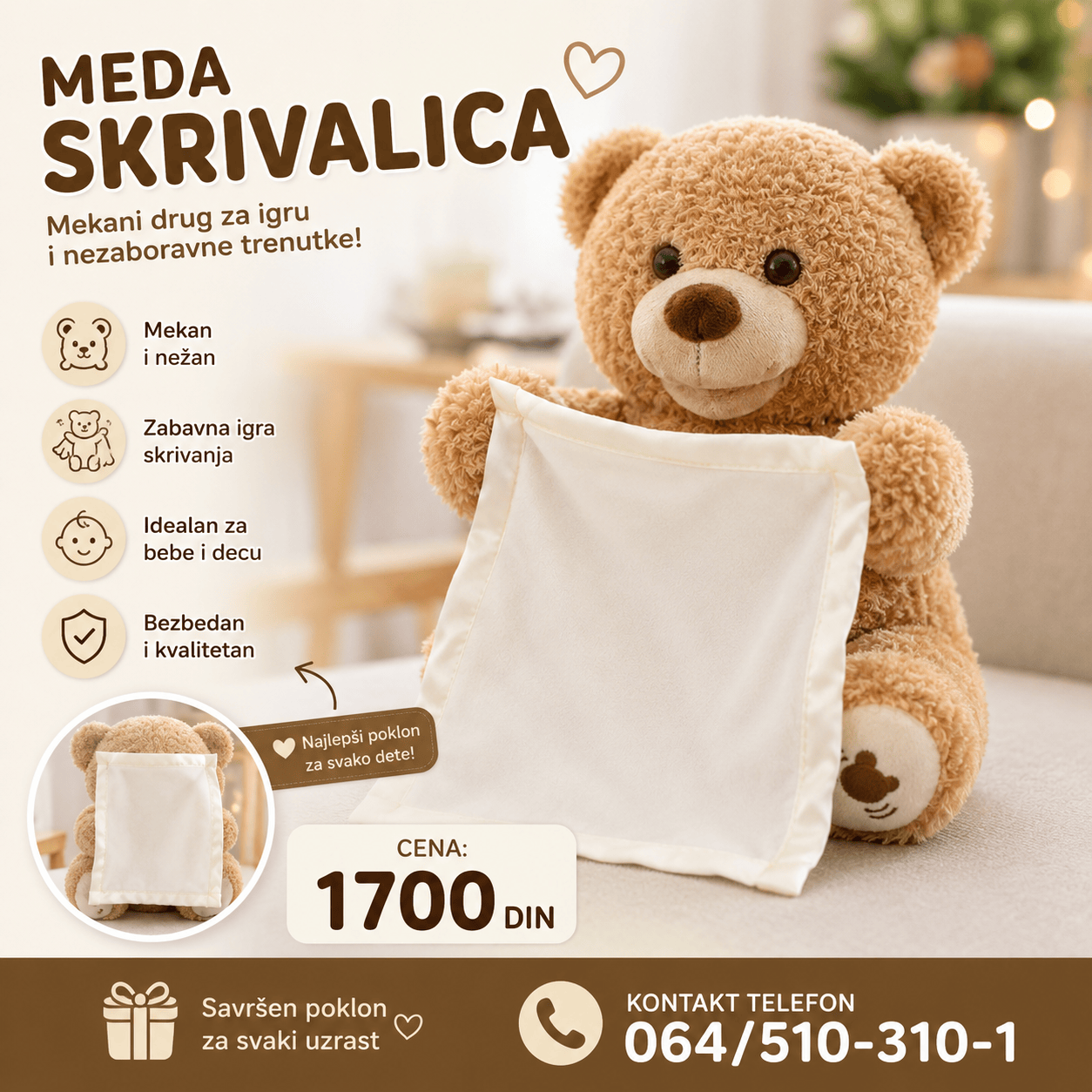 Peekaboo meda – zabavna i edukativna igračka koja oduševljava decu pričom i igrom skrivalica.
