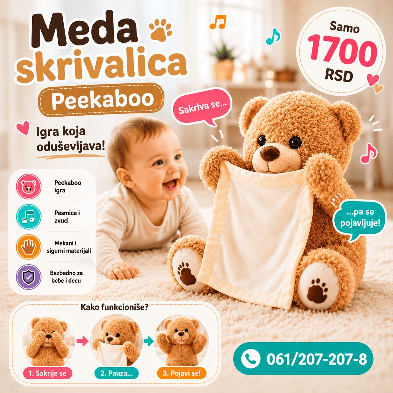 Peekaboo meda – igračka koja priča i igra skrivalice. Razvija motoriku i zabavlja decu satima.