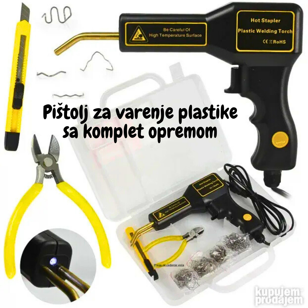 Pištolj za varenje plastike sa koferom, idealan za precizne popravke i varenje plastičnih materijala u praktičnom pakovanju.