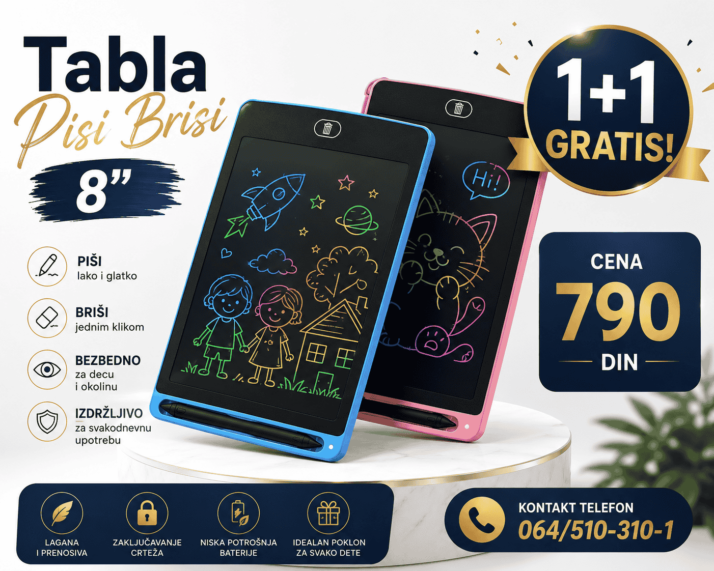 Piši-briši tabla za decu 8" – savršena za crtanje i učenje. Podstiče kreativnost, ekološka je i idealna za putovanja i igru svaki dan.