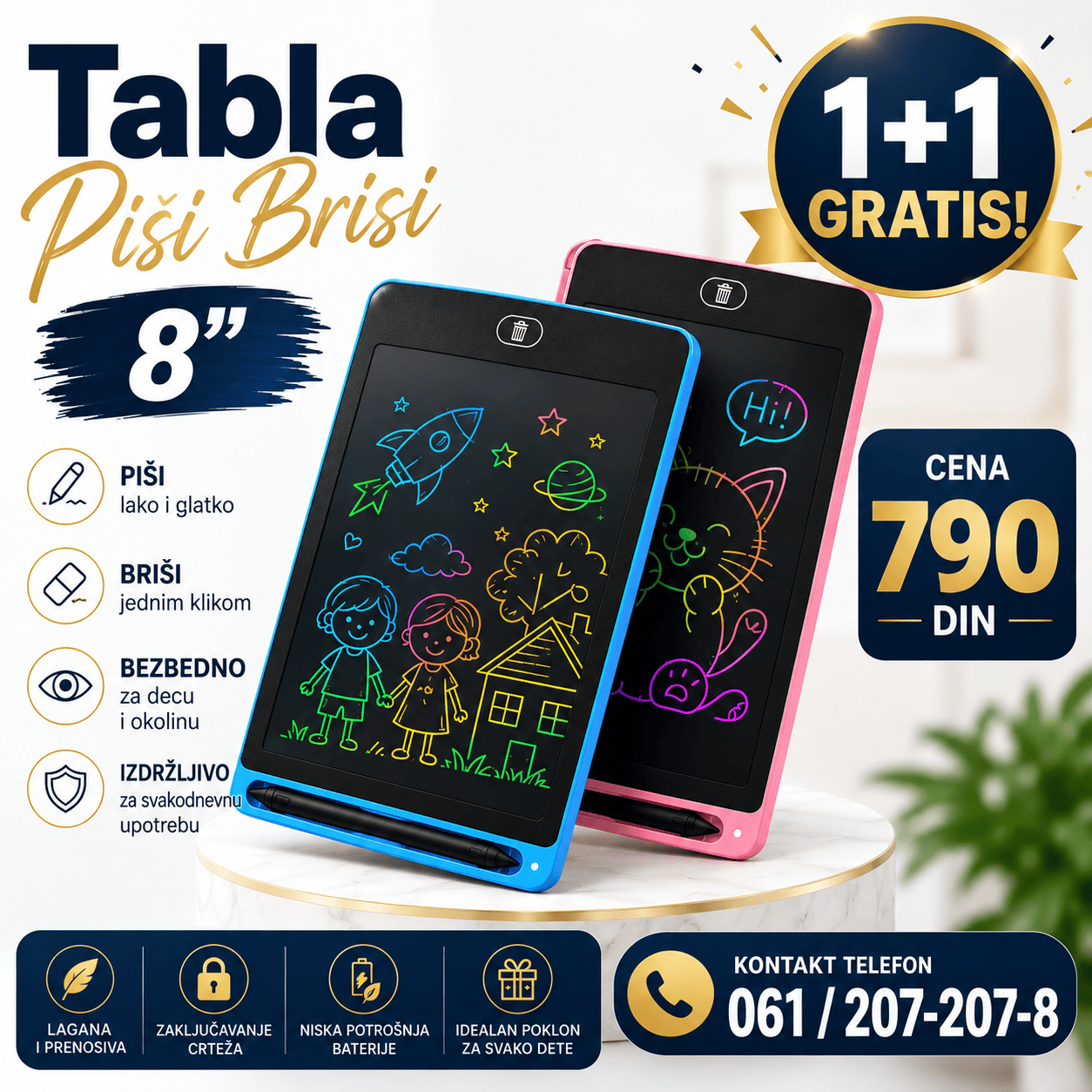Piši-briši tabla za decu 8" – savršena za crtanje i učenje. Podstiče kreativnost, ekološka je i idealna za putovanja i igru svaki dan.