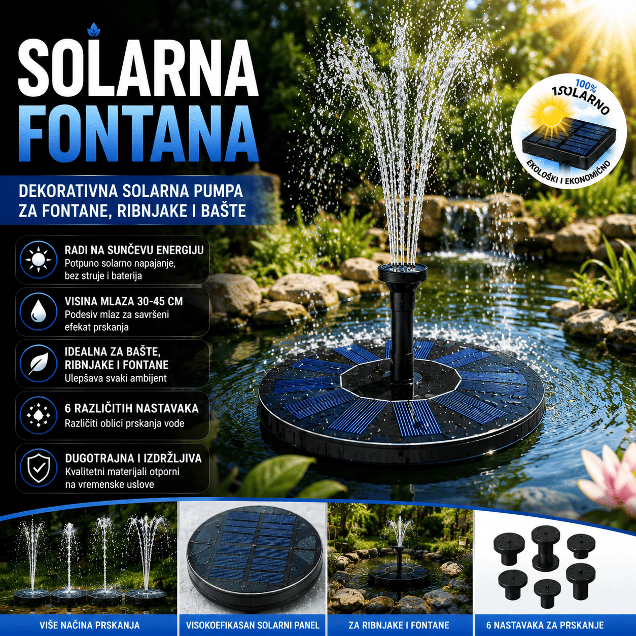 Plutajuća solarna fontana sa više nastavaka za mlaz vode, praktična za ukrasna jezerca, bazene, bašte i dekoraciju dvorišta.