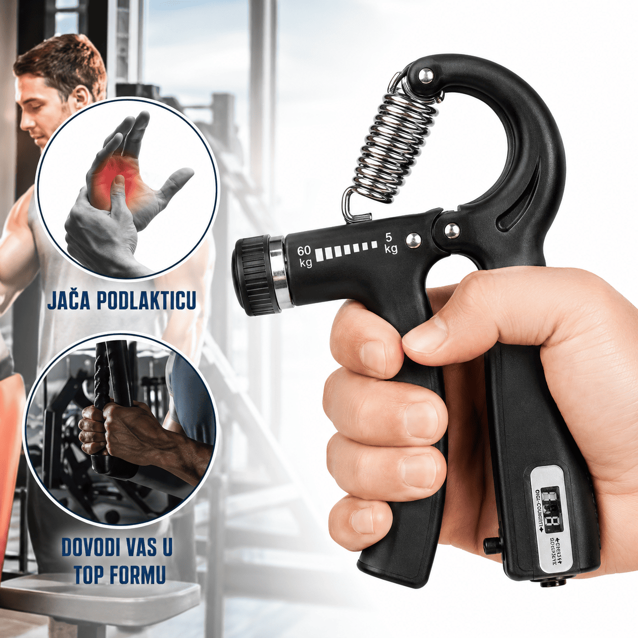 Podesivi Hand Grip sa brojačem za trening snage stiska, praktična sprava za vežbanje mišića šake i podlaktice kod kuće ili u teretani.
