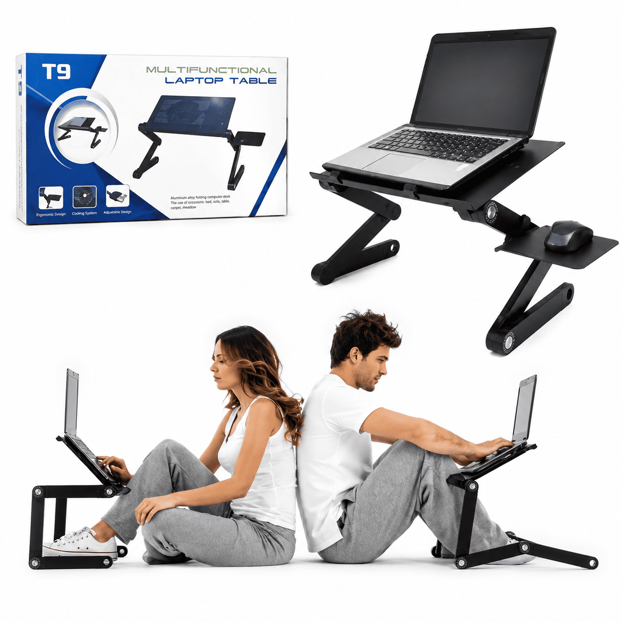 Podesivi sto T9 za laptop sa sklopivim nogama, ugrađenim ventilatorom, držačem za mobilni telefon i bočnom podlogom za računarski miš.