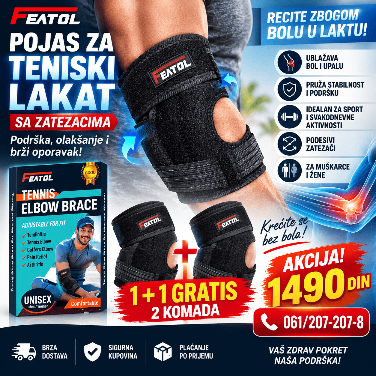 Pojas za teniski lakat sa podesivim zatezačima, set 1+1 gratis odnosno 2 komada, za dodatnu stabilnost i podršku tokom aktivnosti.