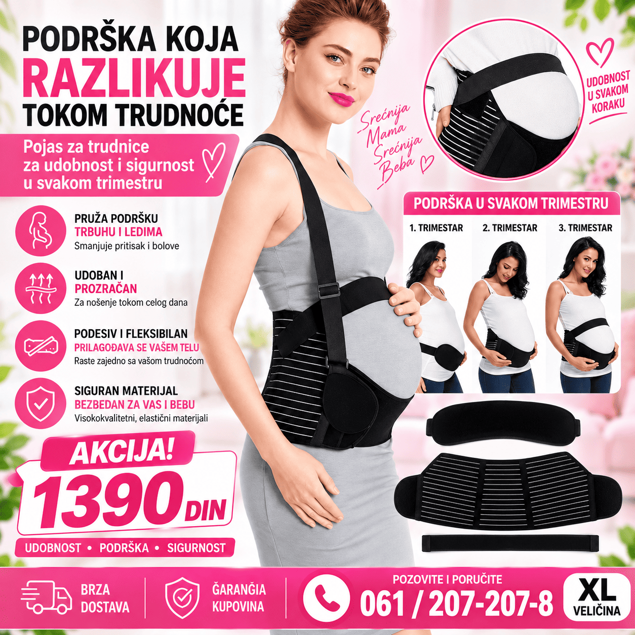 Pojas za trudnice sa podesivim trakama za dodatnu potporu stomaku tokom trudnoće, dizajniran za udobno svakodnevno nošenje.