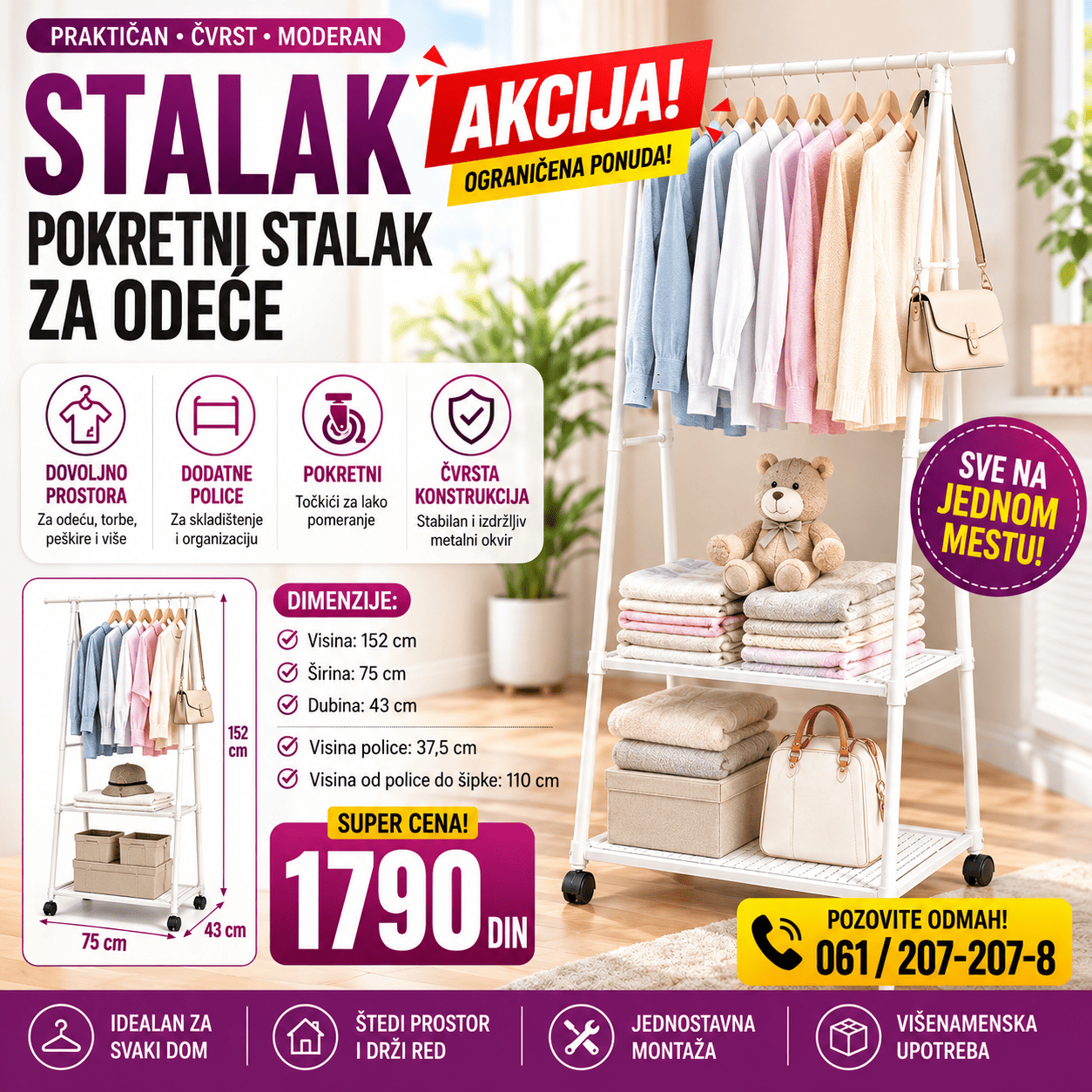 Pokretni stalak za odeću sa šipkom za vešalice, dodatnim policama i točkićima, praktičan za organizovanje garderobe u spavaćoj sobi ili hodniku.
