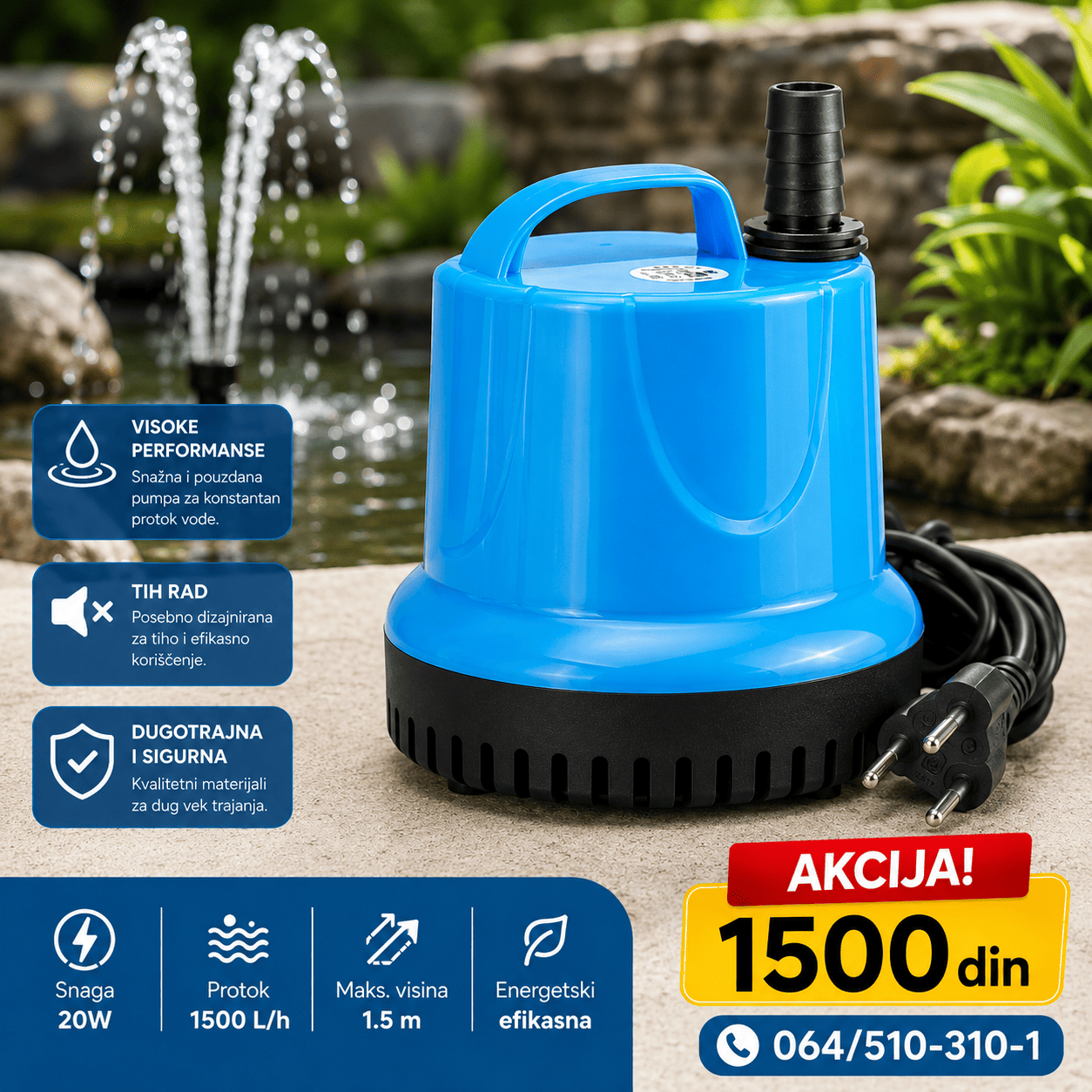 Pumpa za fontane i akvarijume sa visokim protokom vode do 1500 L/h.