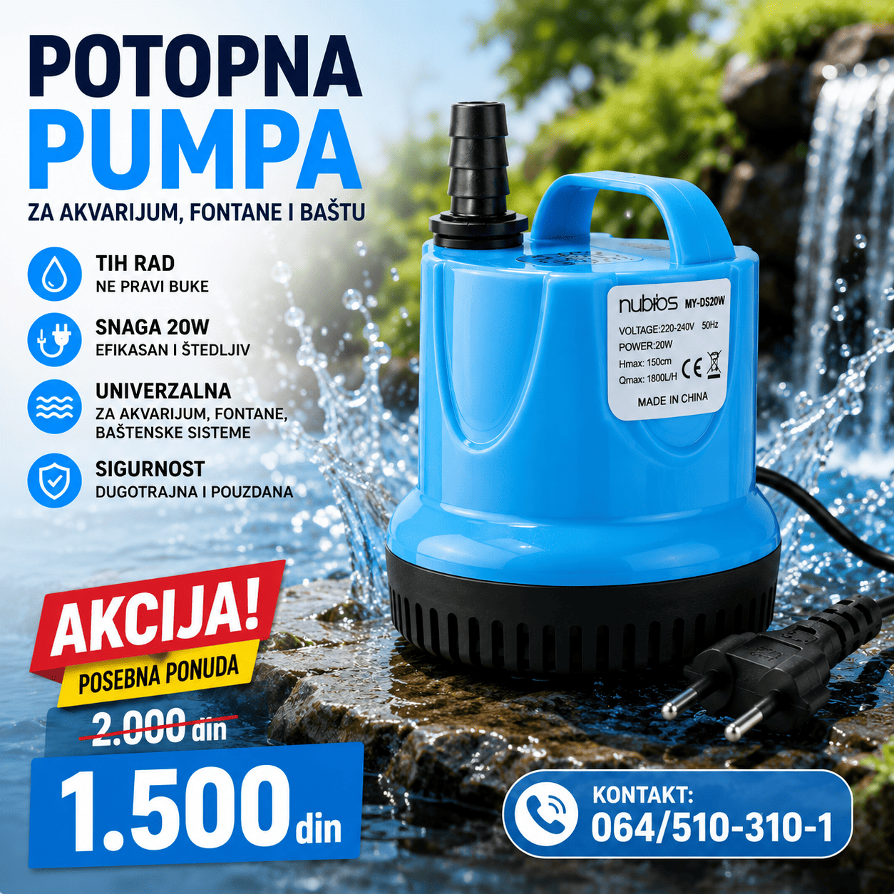 Tiha i pouzdana pumpa za akvarijume i baštenske fontane Nubios DS 20W.