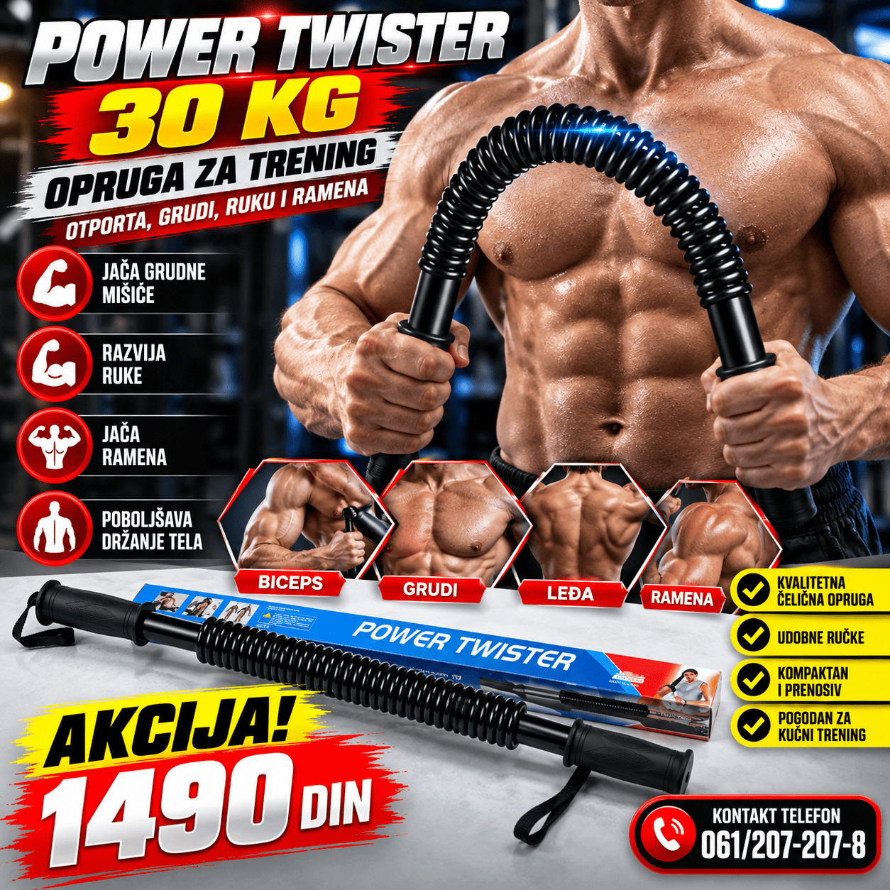 Power Twister 30 kg opruga za trening otpora, praktična fitnes sprava za jačanje grudnih mišića, ruku i ramena tokom svakodnevnog vežbanja.