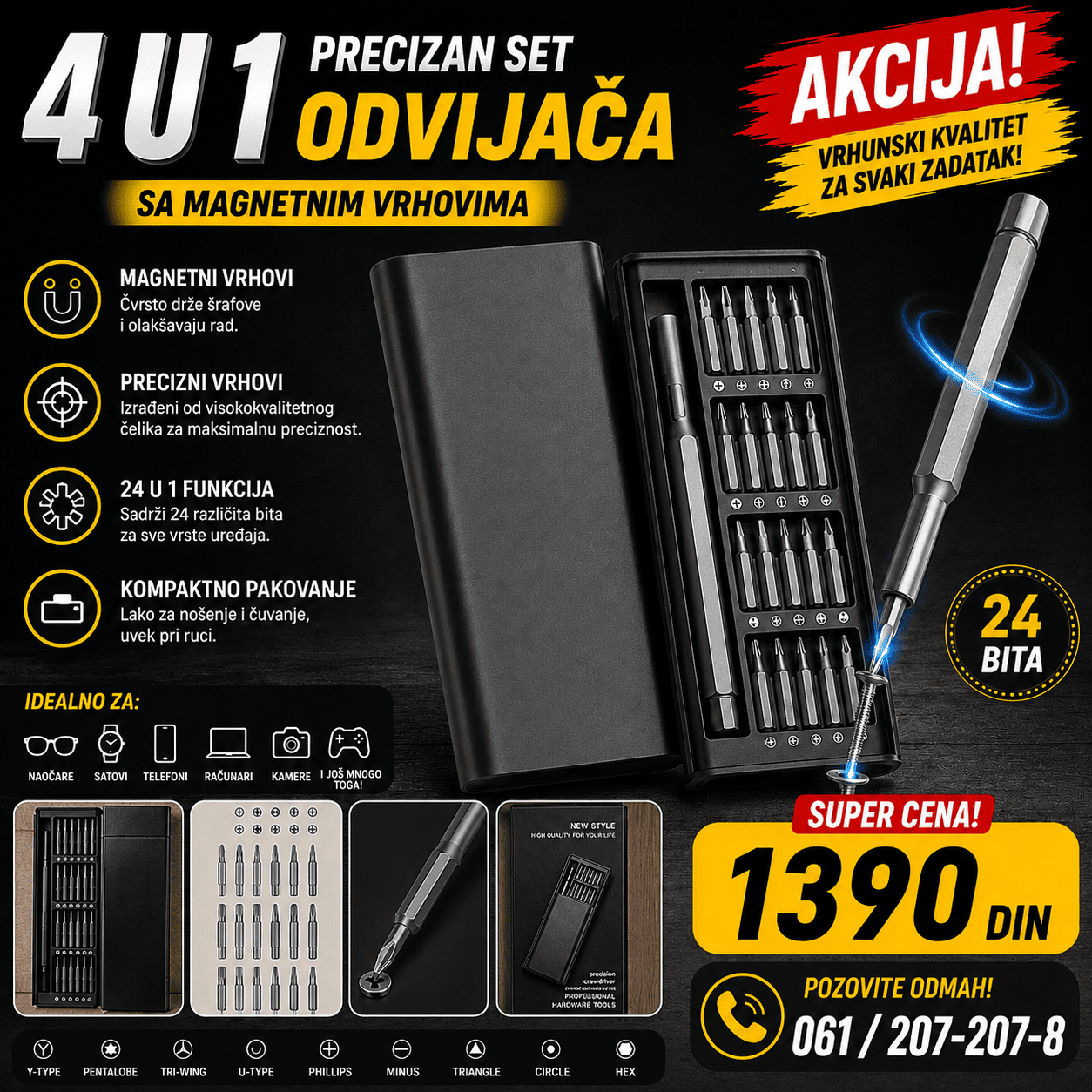 Precizan set odvijača 24 komada sa različitim nastavcima u praktičnoj kutiji, namenjen za popravku telefona, elektronike, satova i sitnih uređaja.