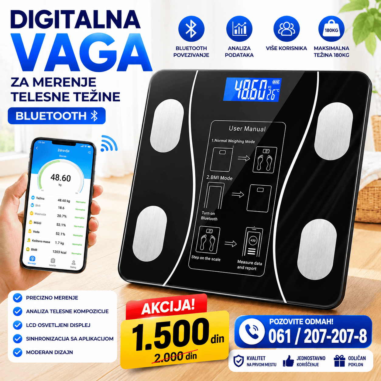 Precizna digitalna vaga za merenje telesne težine. Moderan dizajn, pouzdani senzori i jasno LCD očitavanje za svakodnevno praćenje.